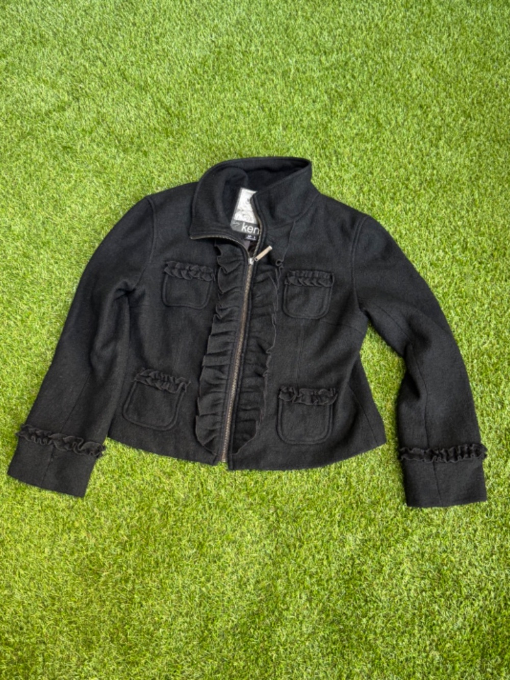 Kensie Black Ruffle Zip Jacket Women's Small Cropped Size L Tag - Picture 2 of 7
